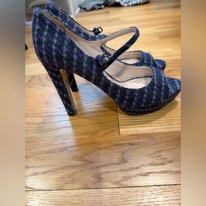 Miu Miu Purple Plaid Mary Jane Peep-Toe Heels